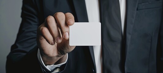 A man in a business suit holds a white business card on a white background. Photo. without a face. generative AI