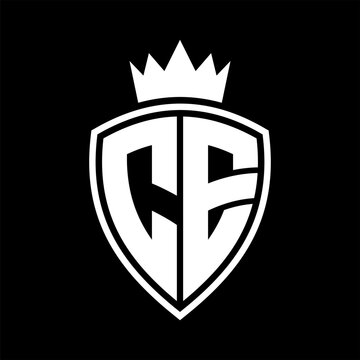 recommend clip art: CE Letter monogram shield and crown outline shape with black and white color design