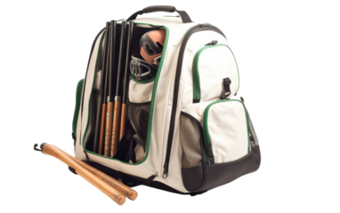 A backpack with a baseball bat and a baseball glove ready for action