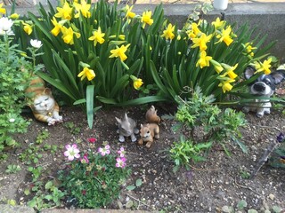 水仙とネコと犬とウサギとリスの置物