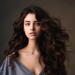Naklejka premium woman touch hair head dressed isolated on studio texture background