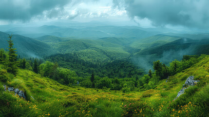 Beautiful green landscape with blue sky and clouds over the mountains, panoramic view. Wide panorama. Created with Ai