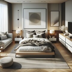 bedroom set interior furniture  Contemporary Modern Scandinavian Bedroom Interior Design. with backside frame Mock up white and offWhite wall. ai generated image
