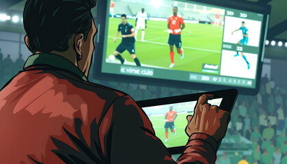 A coach reviewing game footage on a tablet device during a break, analyzing strategies and player performances