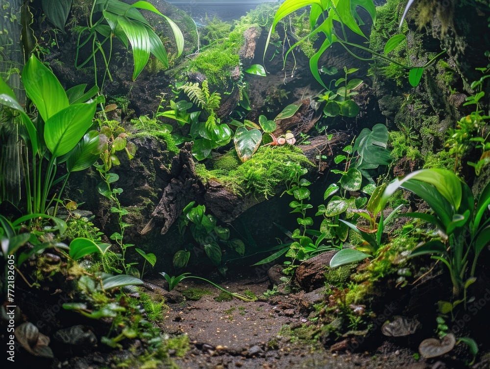Poster a lush green jungle with a small path in the middle. the path is surrounded by plants and moss, and 