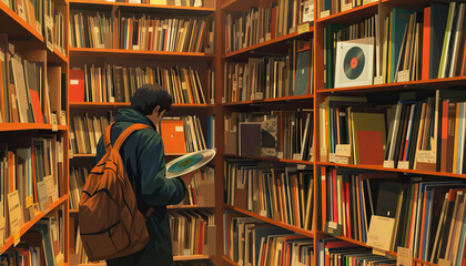 A shopper browsing through shelves filled with retro vinyl records and antique books - obrazy, fototapety, plakaty