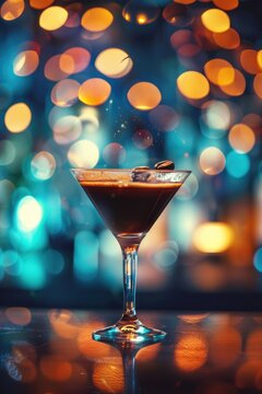 A martini glass with ice cubes in it is sitting on a bar counter. The image has a blurry background and a blurry foreground, giving it a dreamy, artistic feel