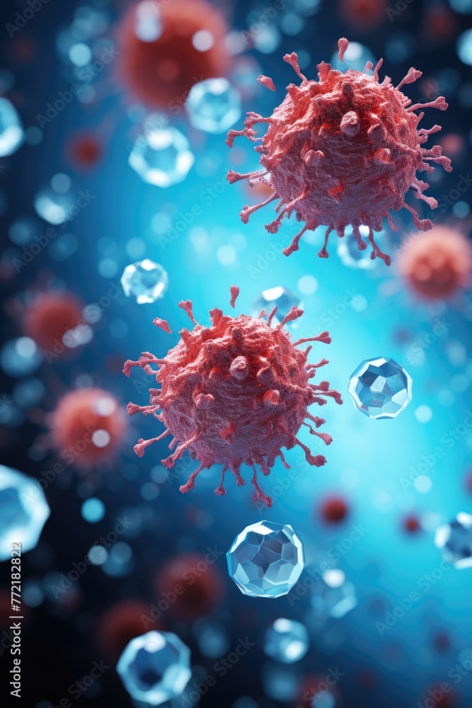 Poster a close up of two red and pink viruses floating in a blue background