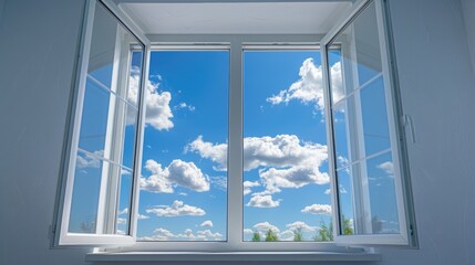 A window with two panes of glass and a clear blue sky outside. The sky is filled with clouds, giving the impression of a cloudy day