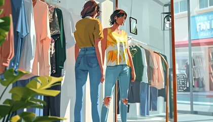 Fototapeta premium A customer trying on a stylish secondhand outfit in front of a mirror