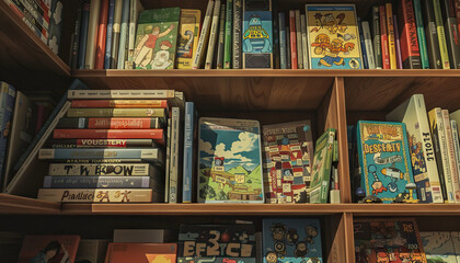 A shelf filled with old-fashioned board games and puzzles, evoking nostalgia - obrazy, fototapety, plakaty