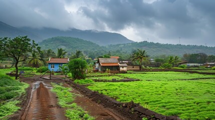 photo of a village with a natural atmosphere when it is about to rain.AI generated image