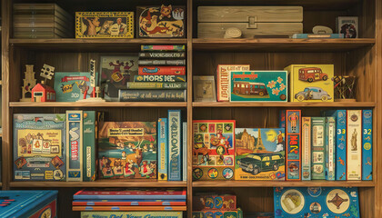 A shelf filled with old-fashioned board games and puzzles, evoking nostalgia - obrazy, fototapety, plakaty