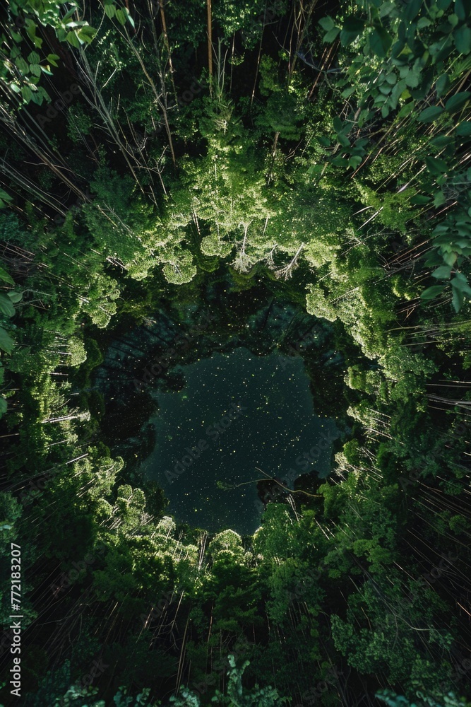 Poster a large circle of trees with a pond in the center