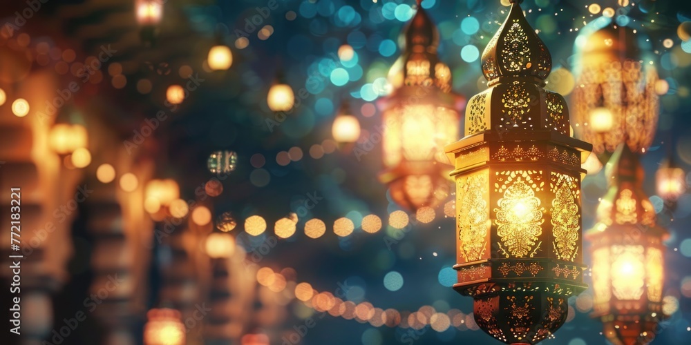 Poster a lit lantern with a gold frame is hanging from the ceiling. the lanterns are lit up and create a wa