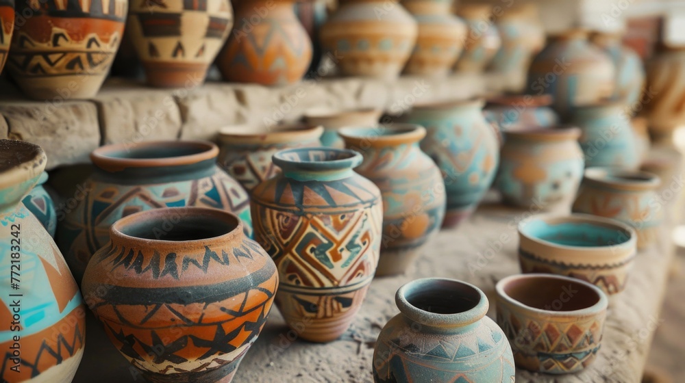 Poster a collection of colorful vases with designs on them. the vases are arranged in a row, with some tall
