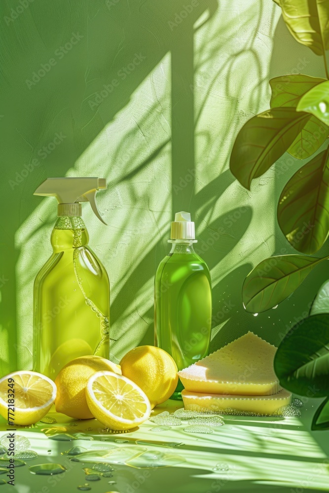 Poster a bottle of cleaner and a bottle of soap are on a table with a lemon and a sponge