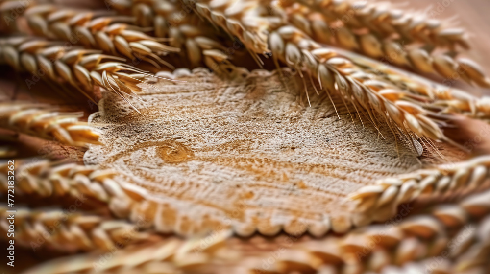 Poster a wooden table with a piece of paper on it and a bunch of wheat on the table. the wheat is in the sh