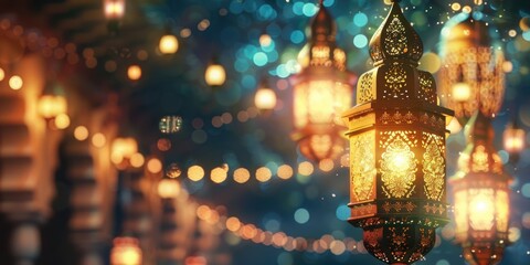 A lit lantern with a gold frame is hanging from the ceiling. The lanterns are lit up and create a warm and inviting atmosphere