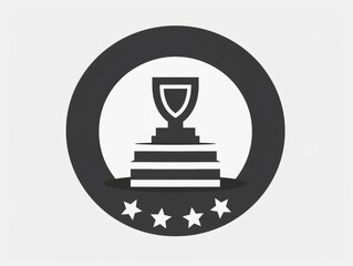 A trophy is on top of a stack of five stars. The trophy is black and white. Concept of achievement and success