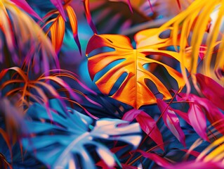 A colorful image of leaves with a yellow leaf in the middle. The leaves are in various colors, including blue, pink, and yellow. The image has a vibrant and lively mood