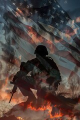 A soldier is standing in front of a burning American flag. Concept of sacrifice and patriotism, as the soldier is willing to risk his life for his country. The burning flag symbolizes the destruction - obrazy, fototapety, plakaty