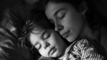 A woman is holding a sleeping child. The child is small and has a peaceful expression. Concept of warmth and tenderness between the two