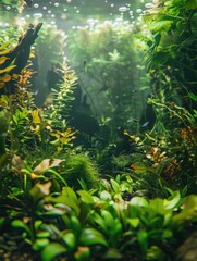 A lush green jungle with a variety of plants and fish swimming in the water. The fish are small and colorful, adding a vibrant touch to the scene. Scene is peaceful and serene, as the plants