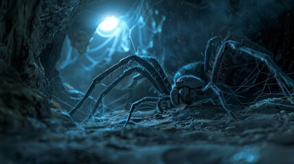 Lurking Arachnid in Ominous Subterranean Lair:Unsettling Encounter with a Mysterious Predator in the Depths of an Eerie Cave - obrazy, fototapety, plakaty