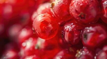 A close up of a bunch of red berries. The berries are shiny and wet, and they are all different sizes. Concept of freshness and abundance, as well as the natural beauty of the fruit