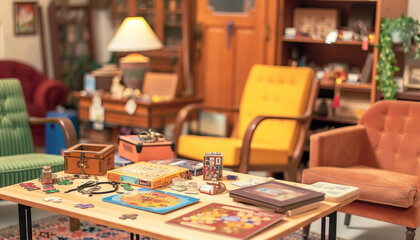 variety of unique finds in a thrift store, including secondhand furniture pieces arranged in a cozy living room setting, old-fashioned board games and puzzles, and a collection of vintage jewelry and  - obrazy, fototapety, plakaty