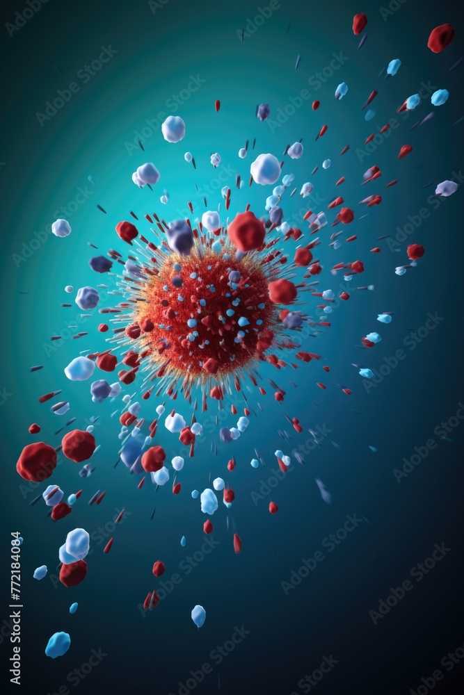 Poster a red and blue ball of some sort is floating in the air. the ball is surrounded by many other balls 