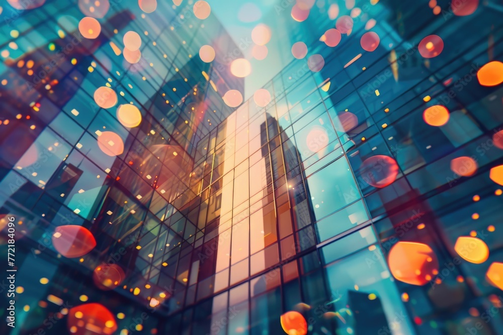 Aufkleber a cityscape with a lot of glass windows and a building with a large window. the windows are lit up w