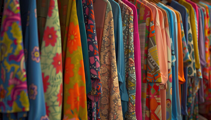 racks of retro clothing with colorful patterns and textures, creating a vibrant and eclectic atmosphere