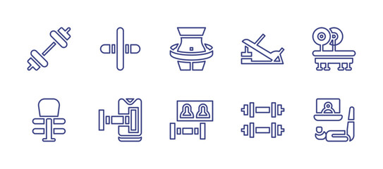 Fitness line icon set. Editable stroke. Vector illustration. Containing roller, fitness, gym machine, online fitness, vr fitness, exercise, bench press.