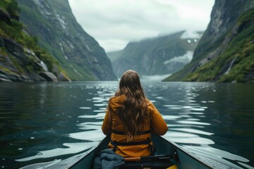 A woman in a yellow jacket is sitting in a canoe on a lake. The water is calm and the sky is cloudy. The woman is enjoying the peacefulness of the scene - obrazy, fototapety, plakaty