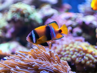A colorful fish is swimming in front of a coral reef. The fish is orange and black, and it is surrounded by a variety of sea plants. The scene is vibrant and lively