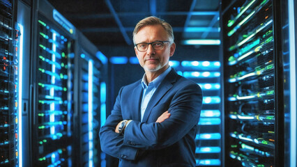 Data Center Chief Technology Officer Standing In server room. Cloud Computing, Web Service