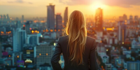 A woman in a suit is looking out over a city at the sun. Concept of ambition and determination, as the woman stands tall and looks out over the urban landscape