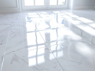 A large, white tile floor with a lot of natural light coming in through the windows. The floor is very shiny and reflective, giving the impression of a clean and bright space