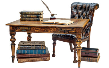 Classic Writing Desk and Leather Chair Ensemble on transparent background.