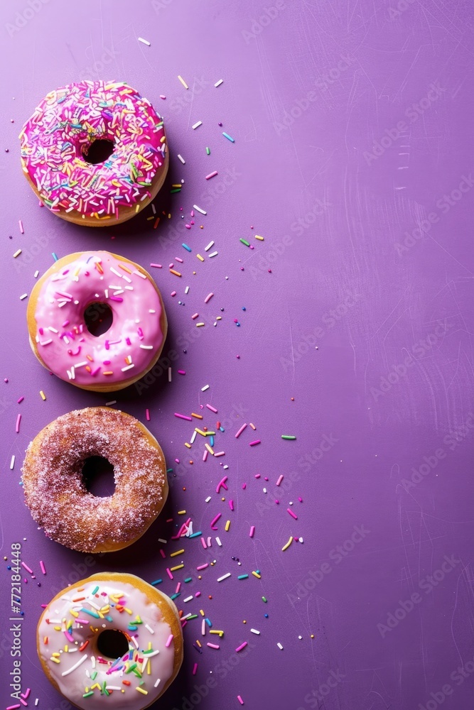 Poster a row of four donuts with sprinkles on top. the donuts are arranged in a row and are of different co