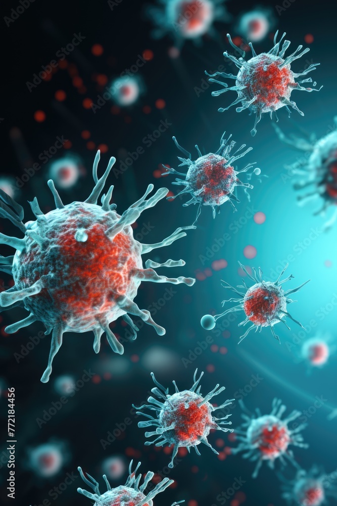 Poster a bunch of red and blue viruses are floating in the air. the viruses are small and are spread out in