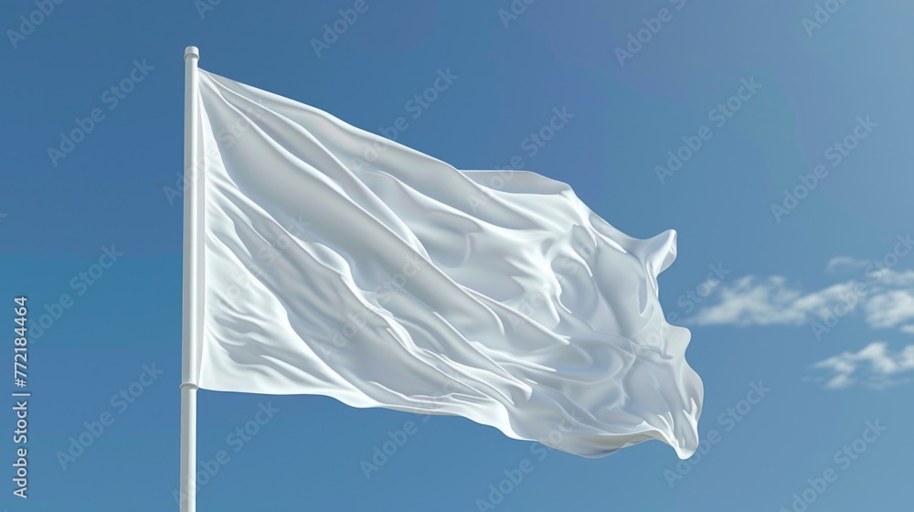 Poster a white flag is blowing in the wind on a clear blue sky. the flag is large and has a lot of space be