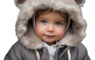 Adorable baby dressed in a cozy gray jacket with a hood, looking cute and snug