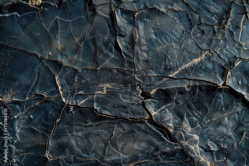 Poster the image is of a black and grey rock with cracks and holes. the texture of the rock is rough and ja