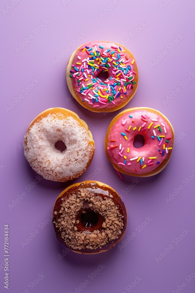 Aufkleber four donuts with different toppings are arranged in a row on a purple background. the donuts are dec