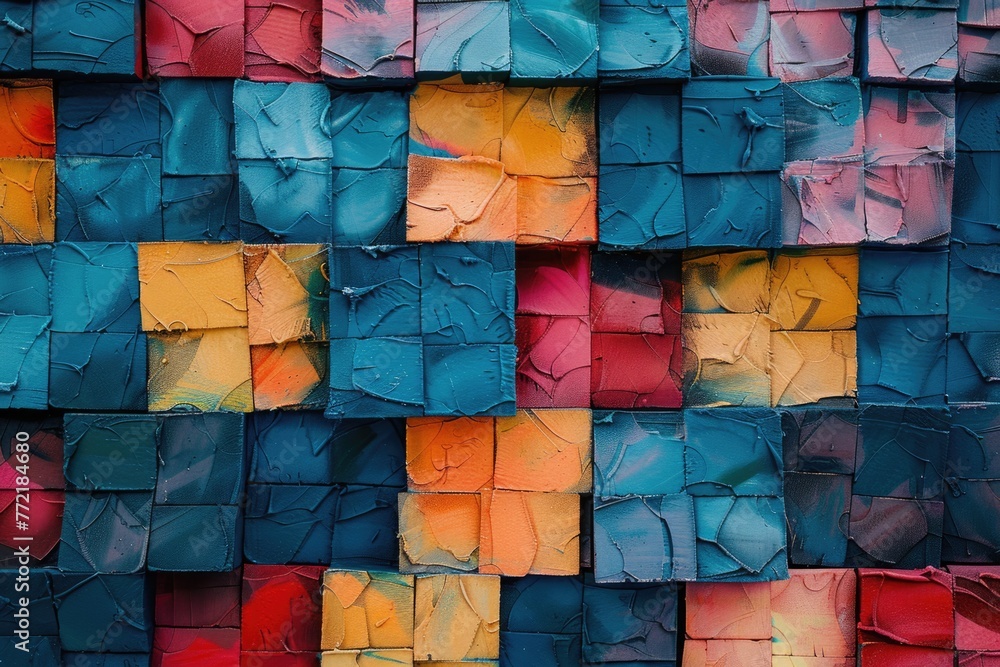 Poster a colorful wall made of wooden blocks. the blocks are in different colors and sizes, creating a uniq
