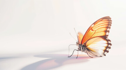 Fragile pastel coloured butterfly on a light background with shadows. Aesthetic nature concept....