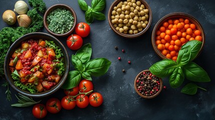 Obraz na płótnie Canvas top view fresh and healthy superfoods ingredients, tasty beautiful food preparation scene, Generative Ai